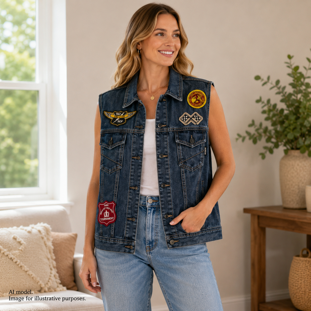Ring Of Fire Vest XL Blue Denim Biker Patches Button Front Pockets Motorcycle